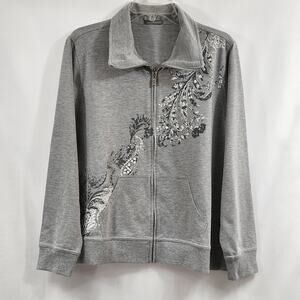 Womens Gray Collared Zip-Up Jacket Pockets Rhinestones Floral Design Threehearts